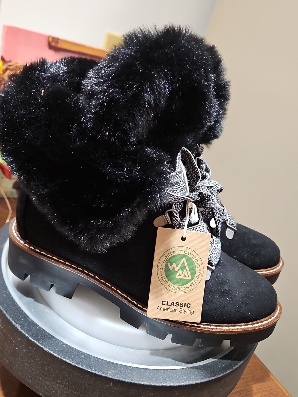 White Mountain Sparkly Black Faux-Fur Lace-Up Ankle Booties